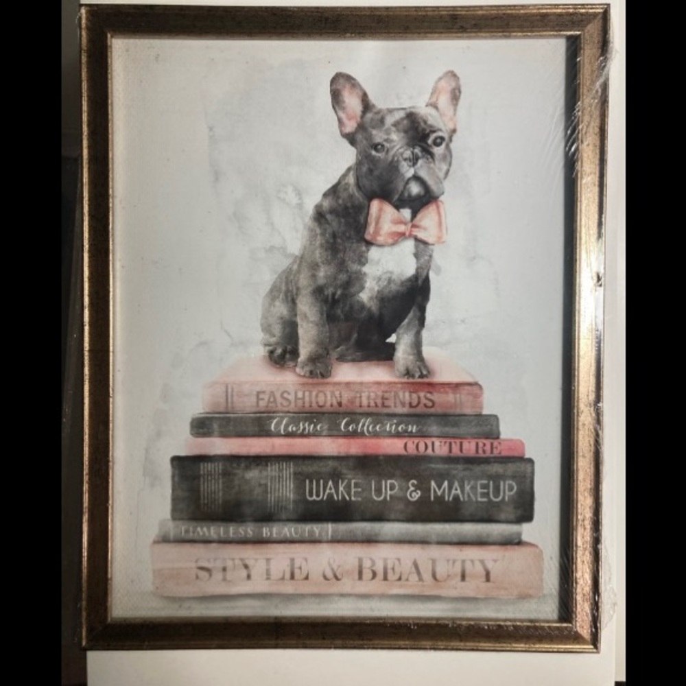 Dog on book stack framed art